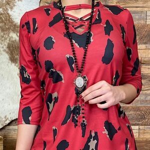 Red Leopard printed top w/ crisscross neckline